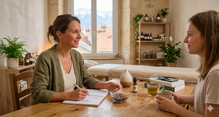 Consultation chez une naturopathe à Chambéry avec une cliente, flacons de plantes et montagnes de Savoie visibles en arrière-plan