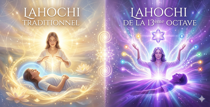 Illustration comparative montrant la différence entre un soin LaHoChi traditionnel doré et une séance LaHoChi 13ème Octave violette avec géométrie sacrée.