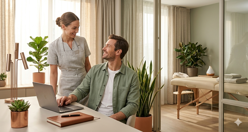 Une thérapeute et un homme souriants devant un ordinateur portable dans un cabinet moderne et lumineux, illustrant le succès d'un métier du bien-être qui rapporte.