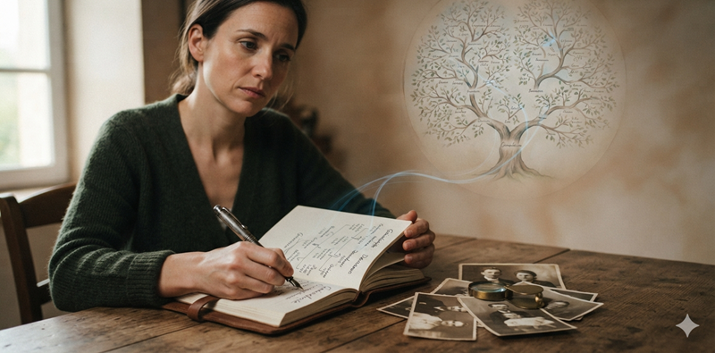 Une femme pensive analyse son arbre généalogique et de vieilles photos de famille pour décoder la dette inconsciente liée à son prénom.