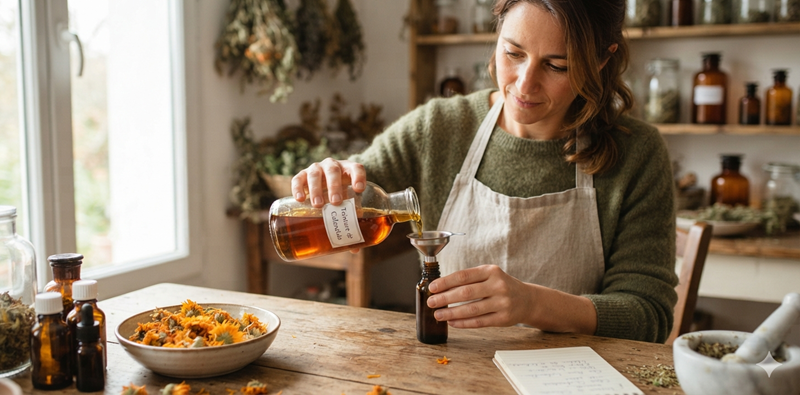 Une praticienne en médecine douce prépare une teinture mère de Calendula dans un atelier d'herboristerie.