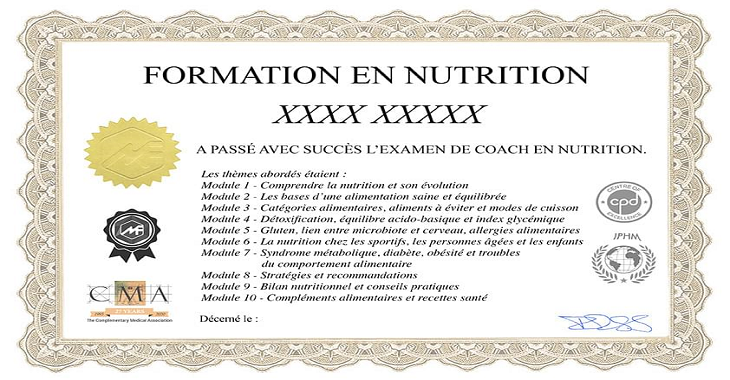 Certificat de formation de coach en nutrition accrédité IPHM CMA CPD délivré par Médecine Naturelle Academy