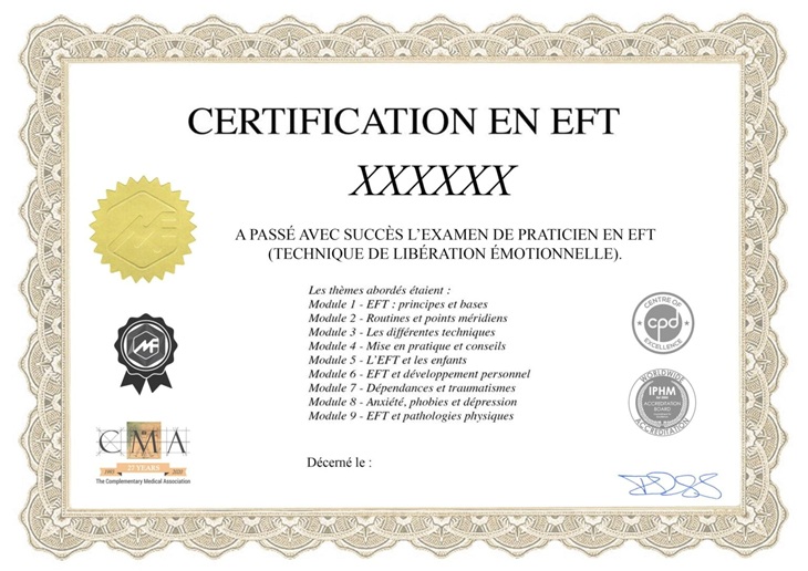 Certificat de formation EFT accrédité IPHM CMA CPD délivré par Médecine Naturelle Academy
