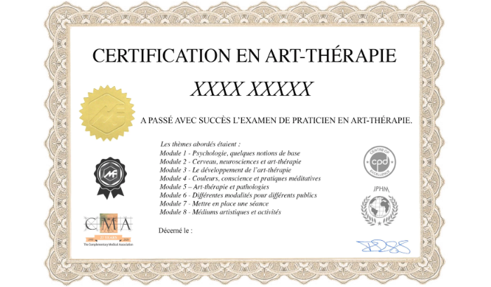 Certificat de formation en art-thérapie accrédité IPHM CMA CPD délivré par Médecine Naturelle Academy