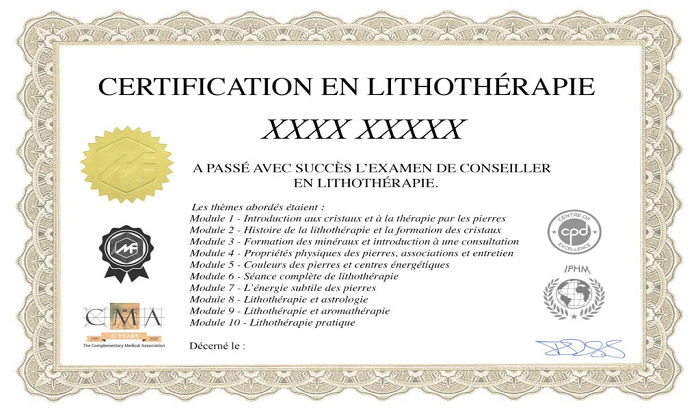 Certificat de formation en lithothérapie accrédité IPHM CMA CPD délivré par Médecine Naturelle Academy