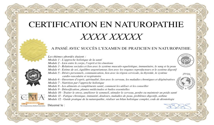 Certificat de formation de naturopathe accrédité IPHM CMA CPD délivré par Médecine Naturelle Academy