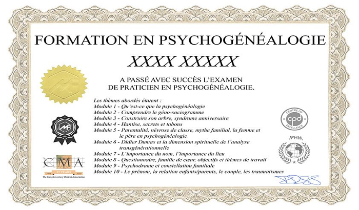 Certificat de formation en psychogénéalogie accrédité IPHM CMA CPD délivré par Médecine Naturelle Academy