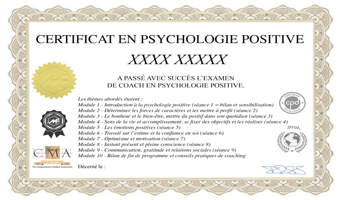 Certificat de formation en psychologie positive accrédité IPHM CMA CPD délivré par Médecine Naturelle Academy