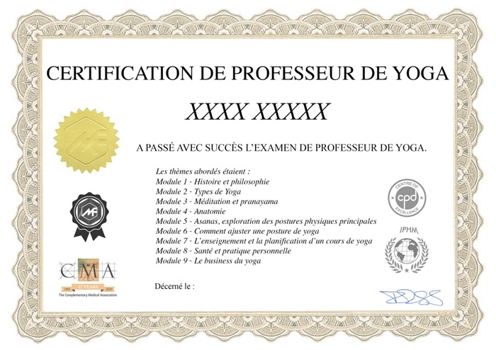 Certificat de formation de professeur de yoga accrédité IPHM CMA CPD délivré par Médecine Naturelle Academy