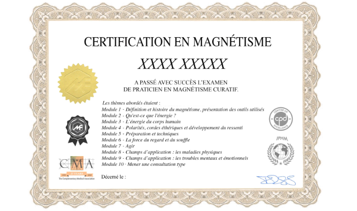 Certificat de formation de magnétiseur accrédité IPHM CMA CPD délivré par Médecine Naturelle Academy