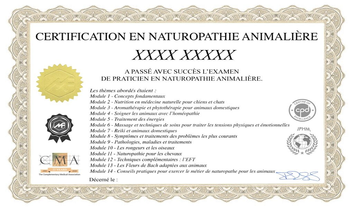 Certificat de formation de naturopathe animalier accrédité IPHM CMA CPD délivré par Médecine Naturelle Academy