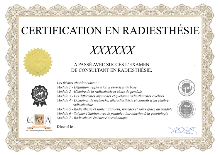 Certificat de formation en radiesthésie accrédité IPHM CMA CPD délivré par Médecine Naturelle Academy