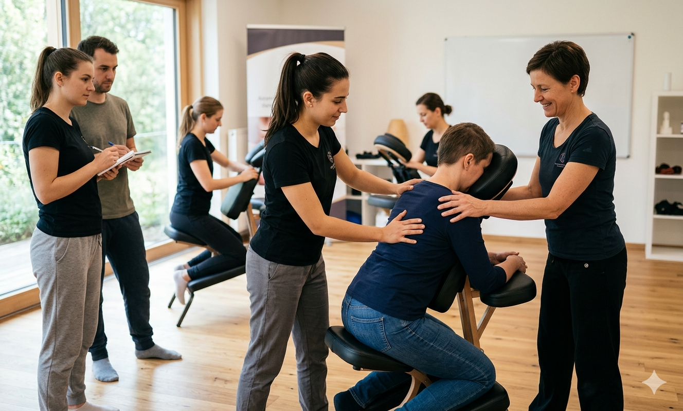 Session de formation pratique de massage Amma Assis sur chaise ergonomique en Belgique